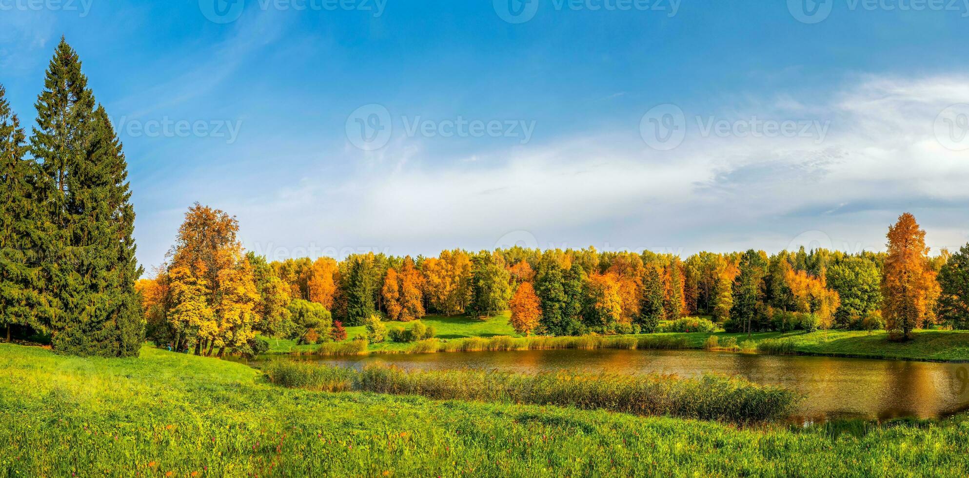 Panorama of the autumn Park. Beautiful autumn landscape with red trees by the lake. photo