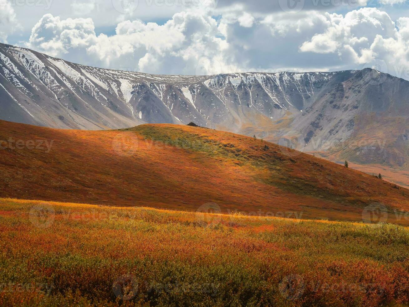 Sun after the rain over the summer mountain plateau. Dramatic rainy alpine landscape in autumn valley and dark mountain sharps in low clouds. Atmospheric awesome view to hike trail through the mount photo