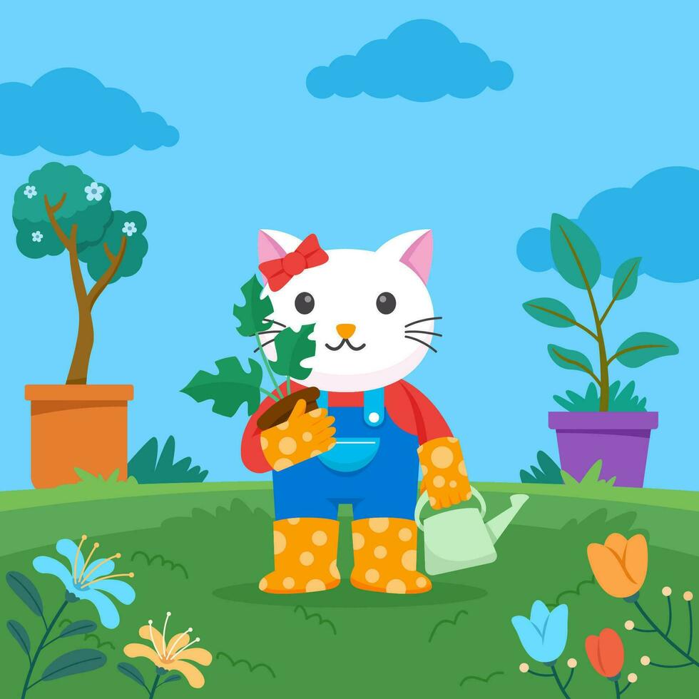 White Kitty Gardening in The Backyard vector