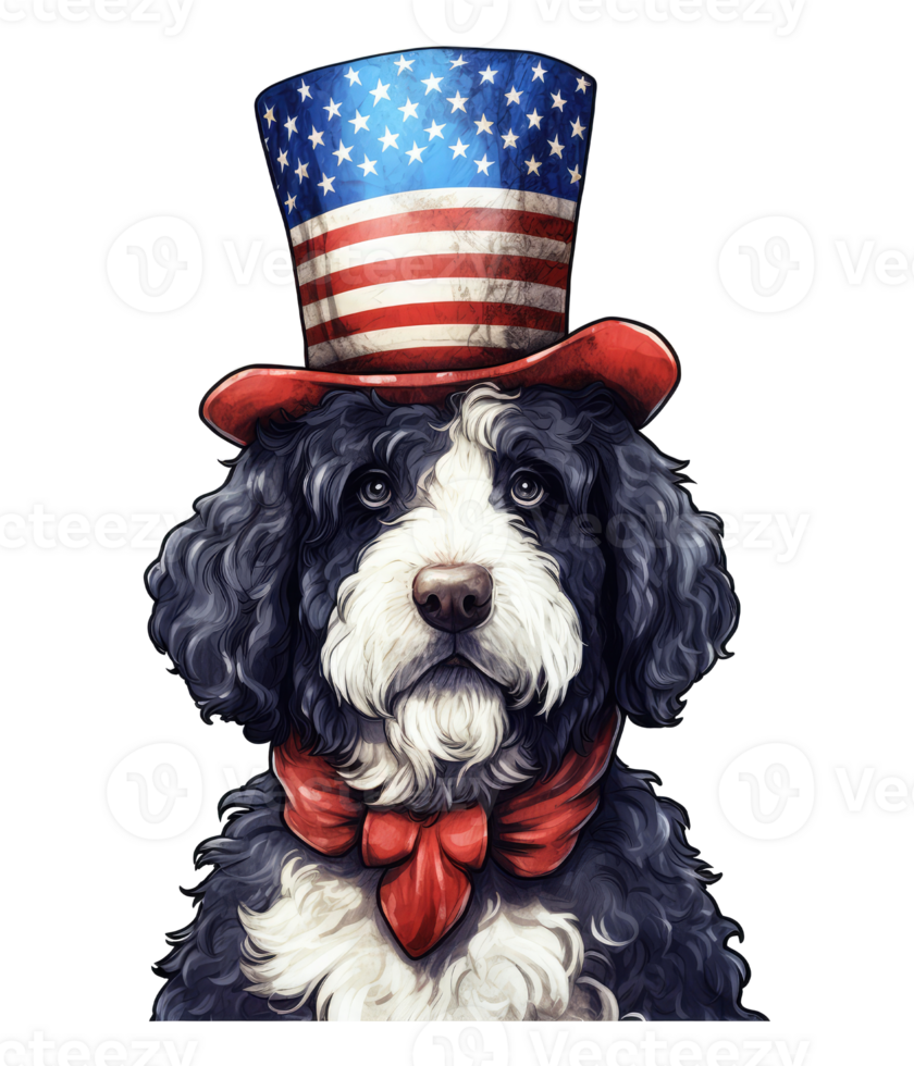 Cute Patriotic Bernedoodle dog Wearing Uncle Sam Hat US Independence Day . png