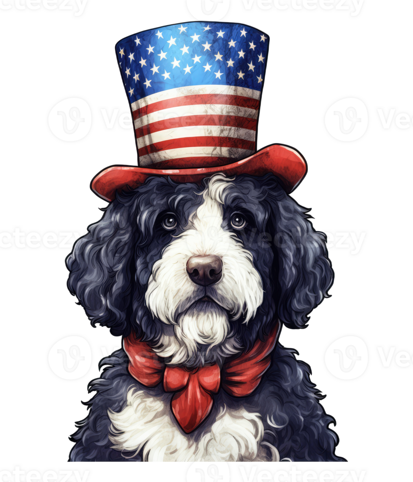 Cute Patriotic Bernedoodle dog Wearing Uncle Sam Hat US Independence Day . png