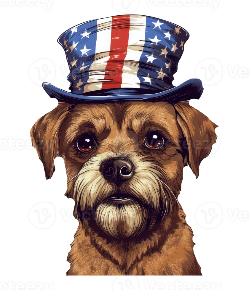 patriotic cute Border Terrier dog wearing Uncle Sam hat US flag independence day . png