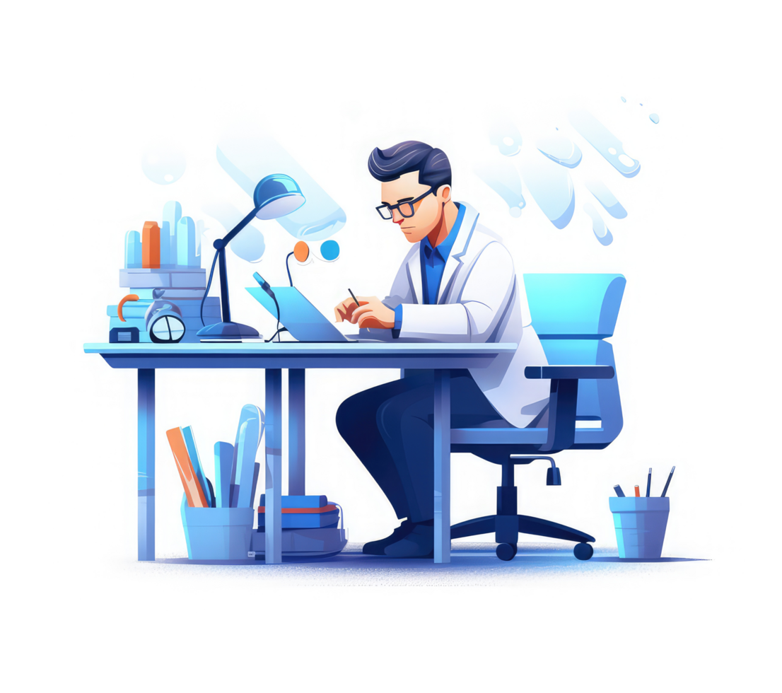 doctor wearing glasses, looking at medical devices on his desk . png