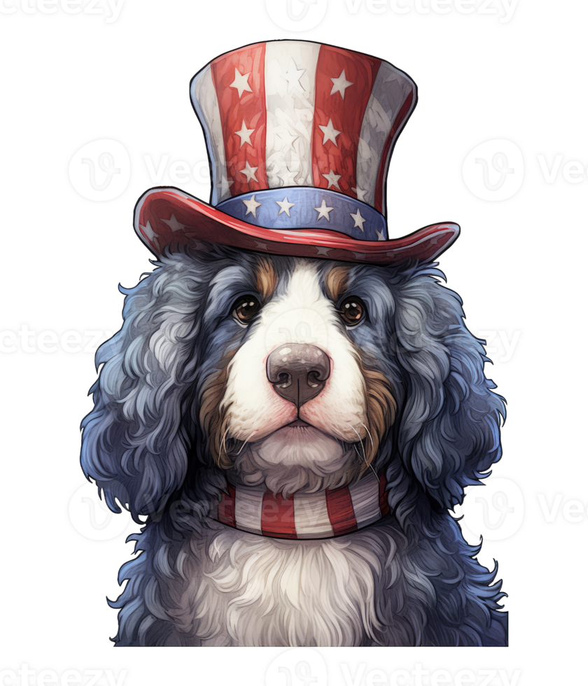 linda patriótico bernedoodle perro vistiendo tío sam sombrero nosotros independencia día . ai generado png