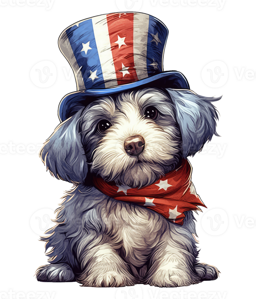 Cute Patriotic Schnoodle dog Wearing Uncle Sam Hat US Independence Day . png