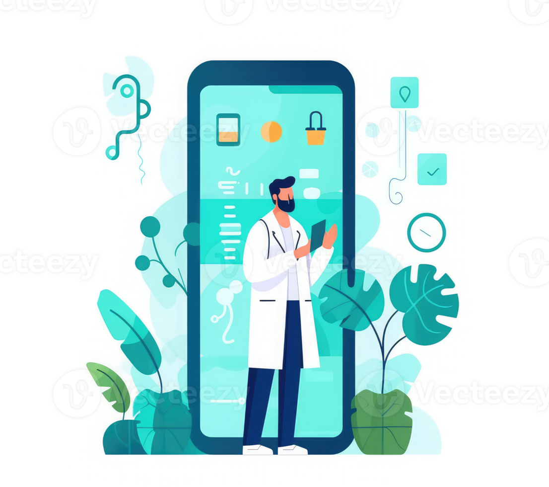By wearing a stethoscope and using a smartphone, a doctor can check a patient's health through the phone screen during an online medical consultation . png