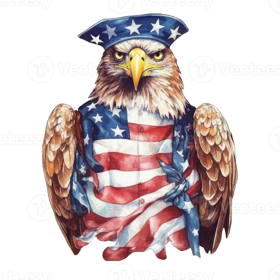 martial patriotic eagle wearing 4th July apparel, watercolor style . png