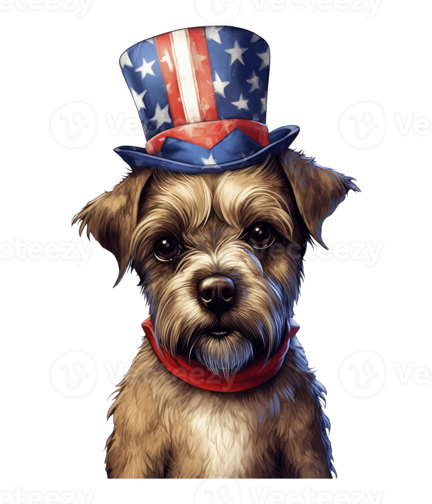 patriotic cute Border Terrier dog wearing Uncle Sam hat US flag independence day . png