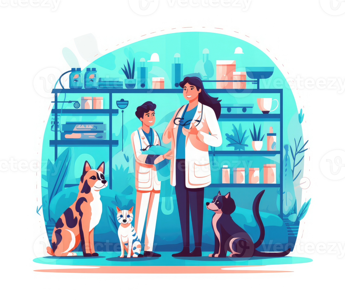 Veterinary doctor and assistant examining dog and cat . png