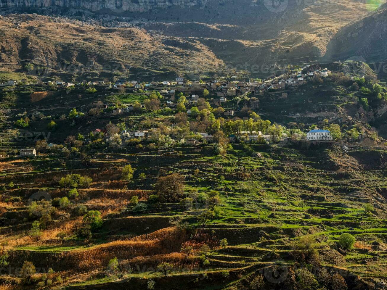 Village in the gorge of the Caucasus mountains. High-mountain village in Dagestan. photo