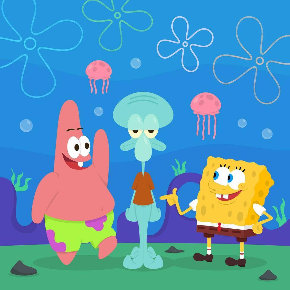 Sponge and Starfish Have Conversation with Annoyed Octopus vector