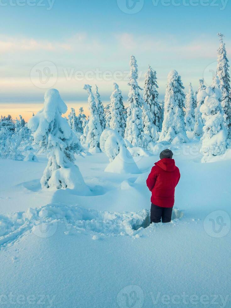 Man stands with his back in deep snow and admires the stunning views of  snow-covered