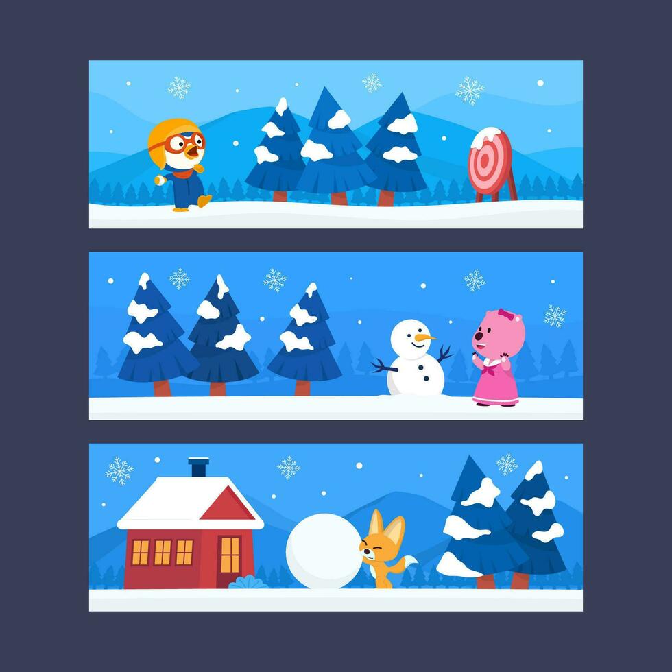 Cute Animals Playing Snow Banner Set vector