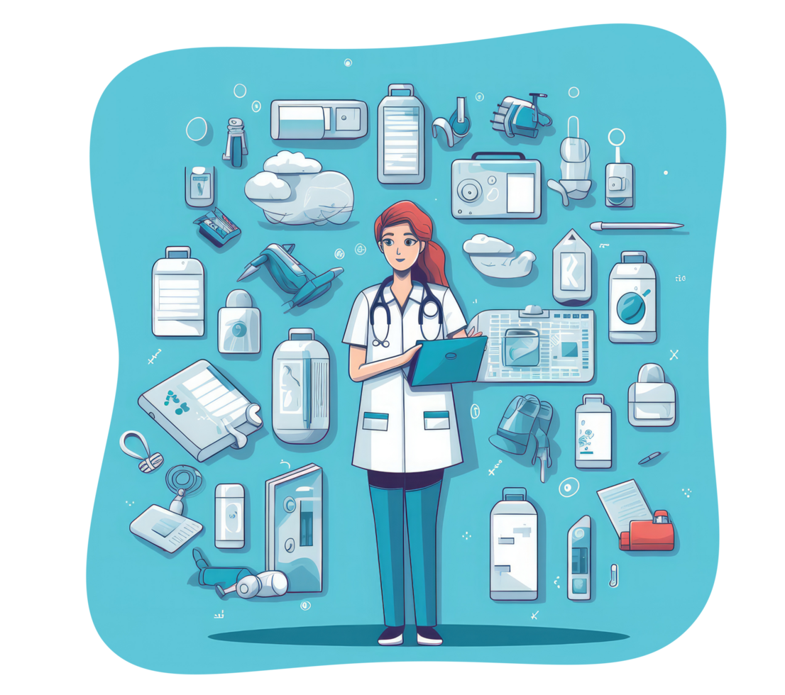 Nurse holding clipboard and clip surrounded by various medical icons . png