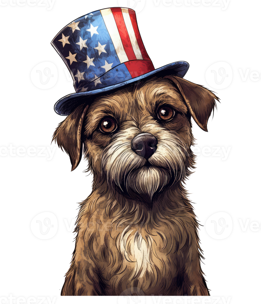 patriótico linda frontera terrier perro vistiendo tío sam sombrero nosotros bandera independencia día . ai generado png