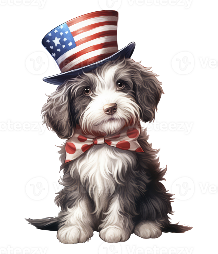 Cute Patriotic Schnoodle dog Wearing Uncle Sam Hat US Independence Day . png