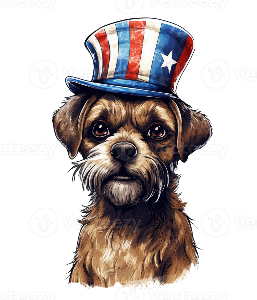 patriotic cute Border Terrier dog wearing Uncle Sam hat US flag independence day . png