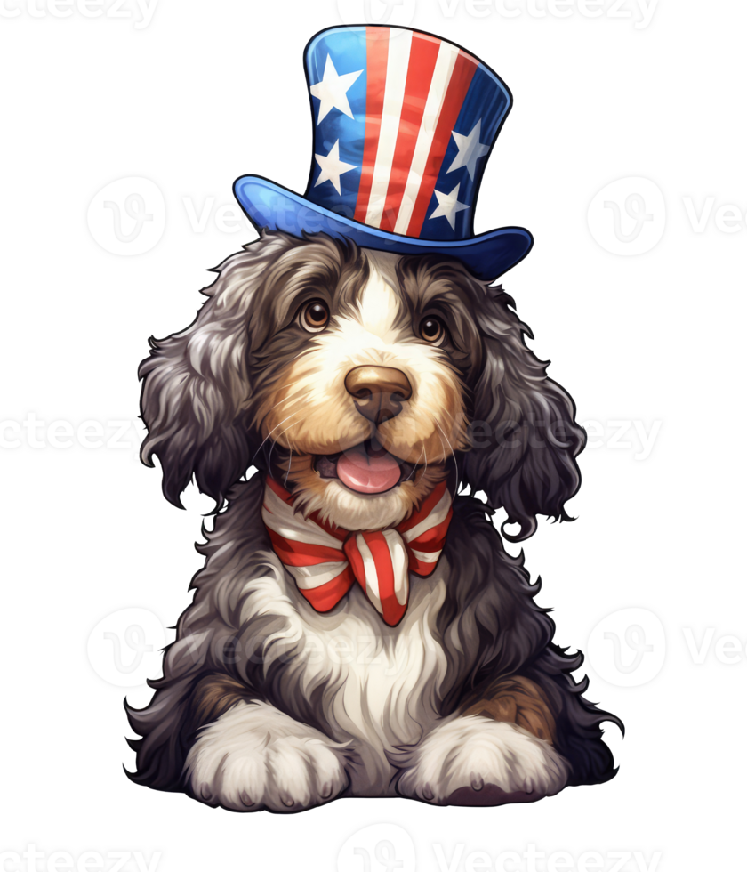 Cute Patriotic Bernedoodle dog Wearing Uncle Sam Hat US Independence Day . png