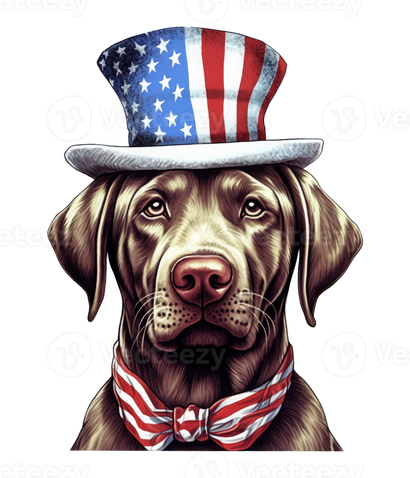 linda patriótico Labrador perdiguero perro vistiendo tío sam sombrero nosotros independencia día . ai generado png