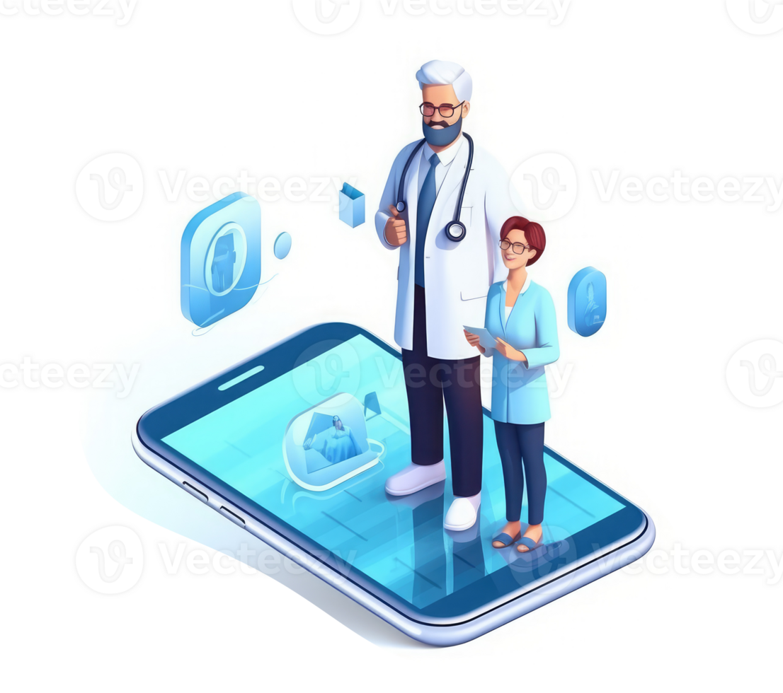 By wearing a stethoscope and using a smartphone, a doctor can check a patient's health through the phone screen during an online medical consultation . png