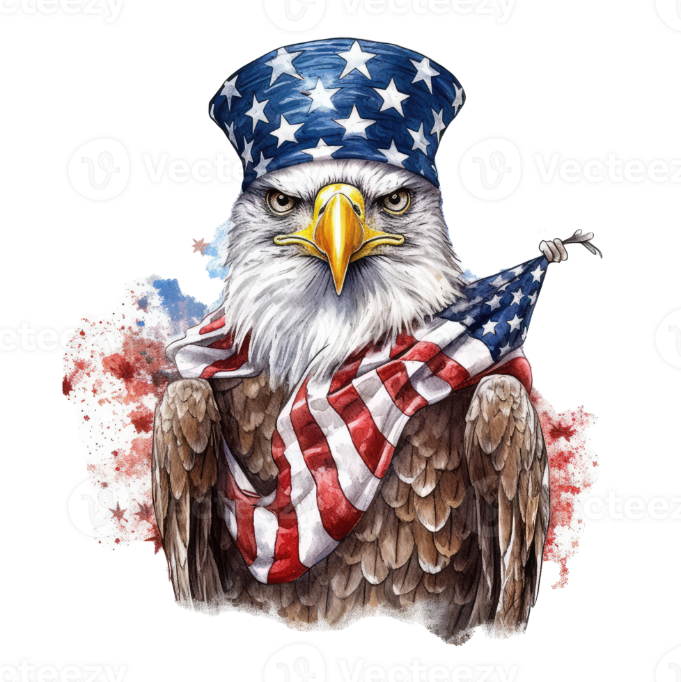 martial patriotic eagle wearing 4th July apparel, watercolor style . png