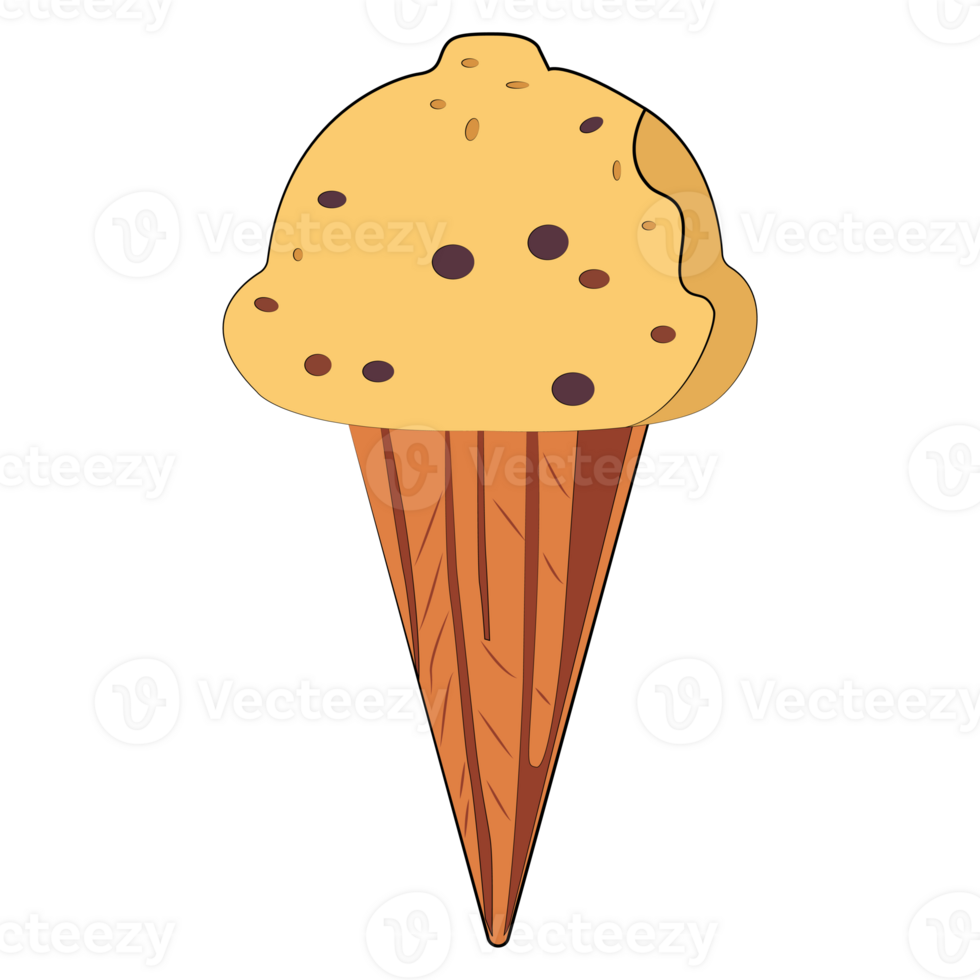 Vanilla chocolate chip ice cream cone isolated on transparent background, dessert clipart element png