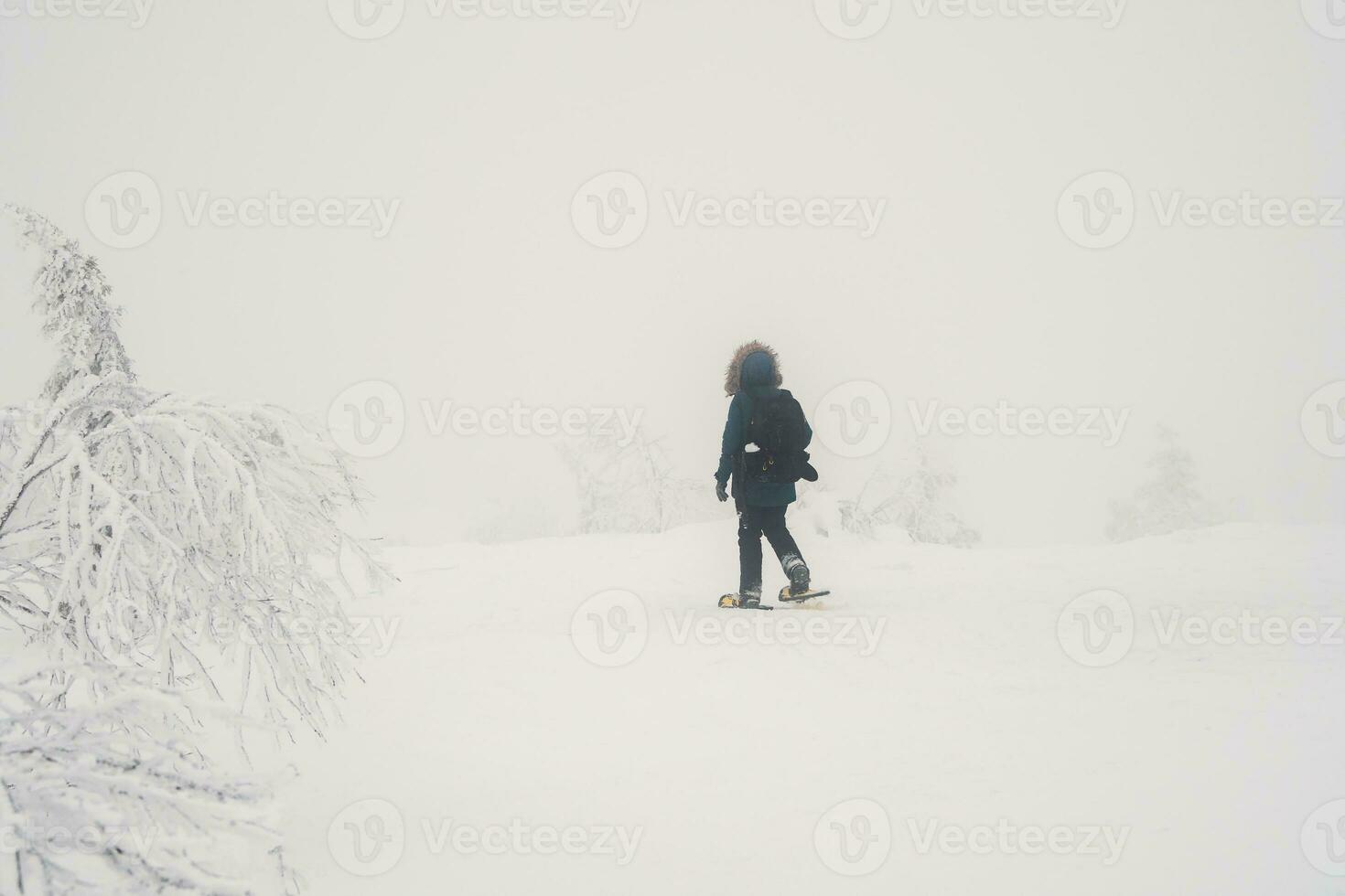 Polar expedition. A lonely traveler on snowshoes walks along a snowy slope in a foggy frosty shroud. Severe northern weather, poor visibility. photo