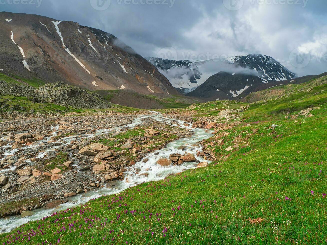 Mountain stream flows down from a glacier. Beautiful alpine landscape with a fast river. The power of the majestic nature of the highlands. photo