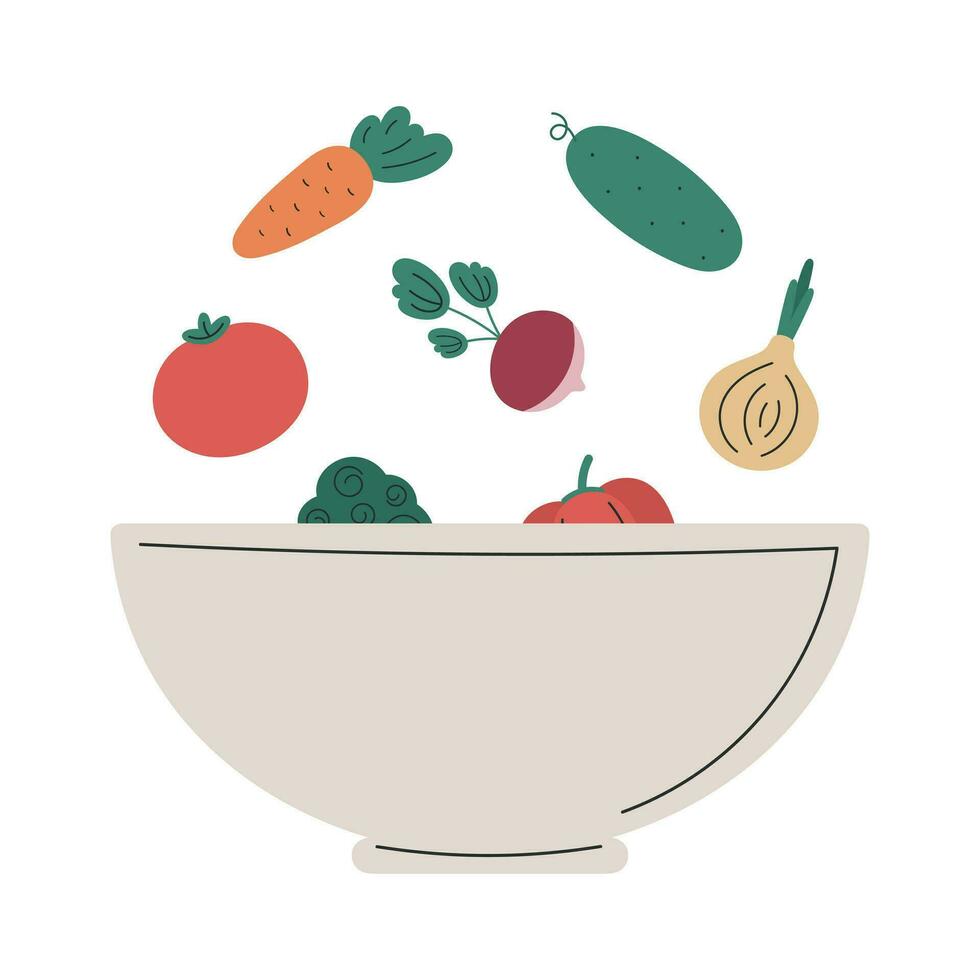 Vegetable salad in a bowl. Vector illustration on a white background. Healthy food.