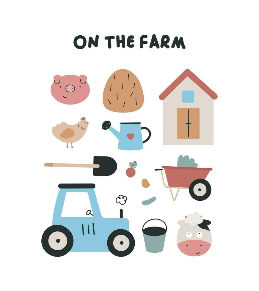 Cute farm poster. Pig, hay, house, chicken, watering can, shovel, vegetables, cart, tractor, bucket, cow. Village landscape. vector