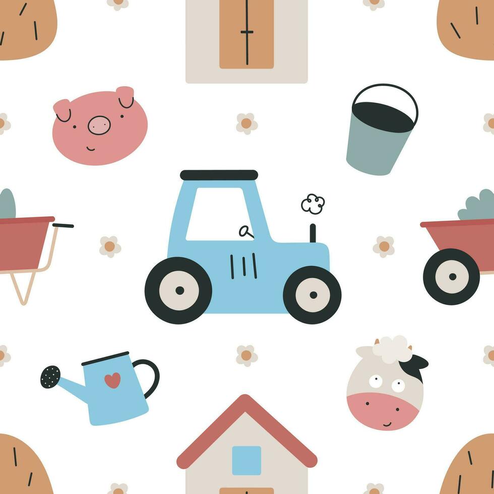 Seamless farm pattern. For card, posters, banners, children books, printing on the pack, clothes, fabric, wallpaper, textile or dishes. vector