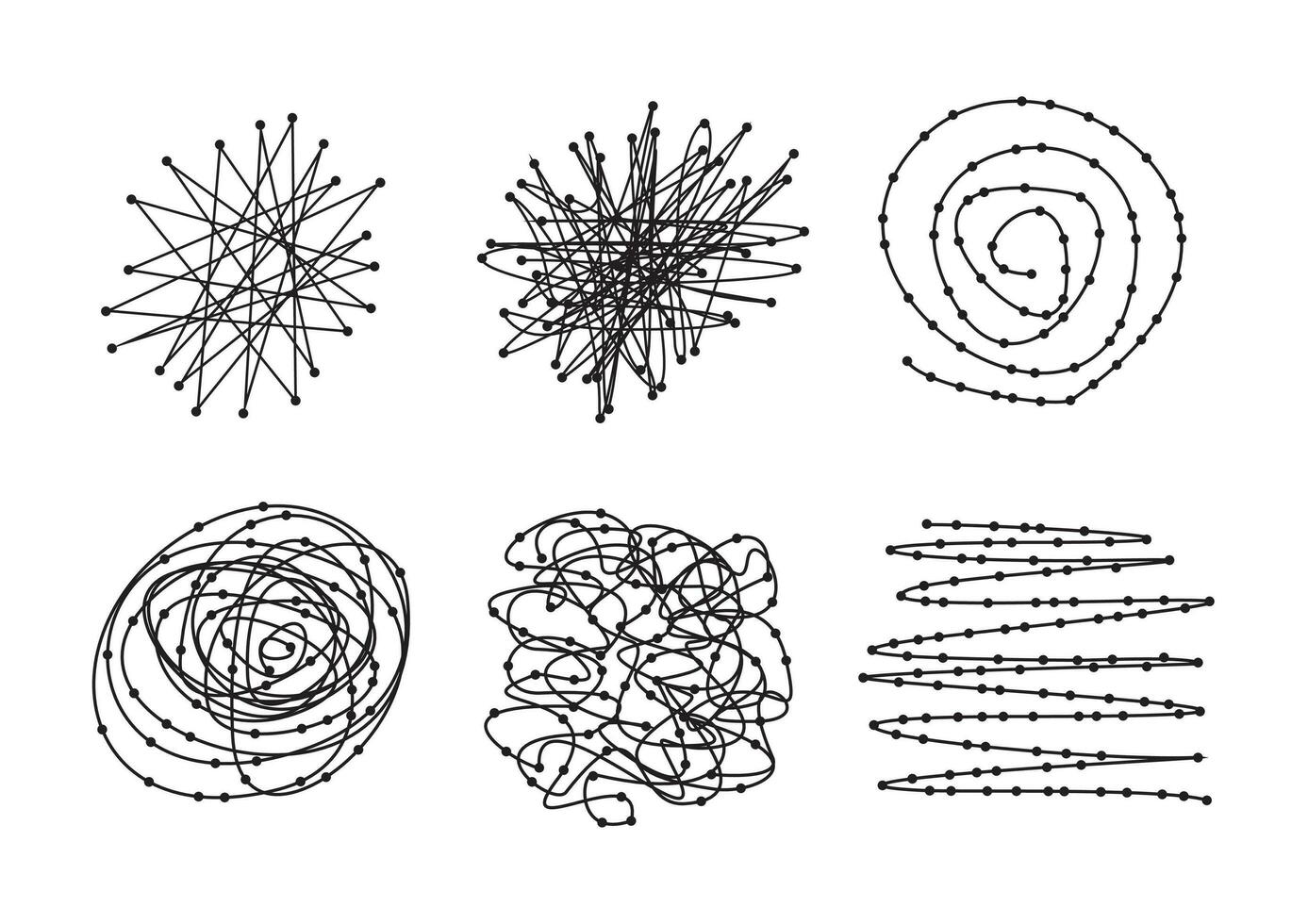 conjunto o colección de negro garabatos con puntos, vector diseño elementos. seis elementos aislado en blanco.