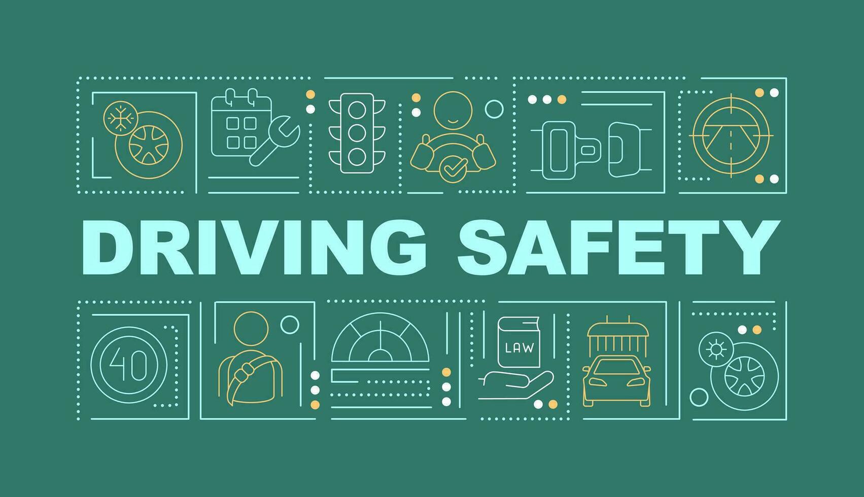Driving safety word concepts dark green banner. Road rules. Infographics with editable icons on color background. Isolated typography. Vector illustration with text