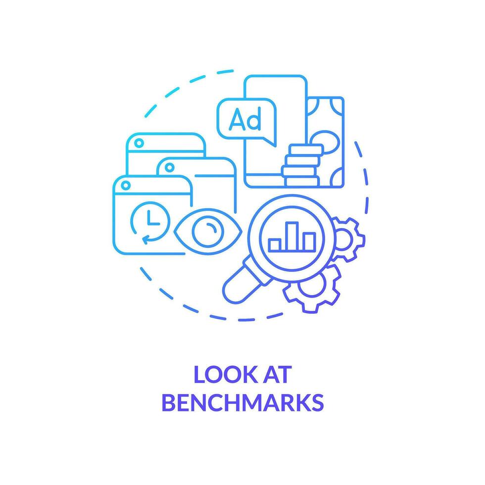Look at benchmarks blue gradient concept icon. Promotion tools. Get started with social media advertising abstract idea thin line illustration. Isolated outline drawing vector