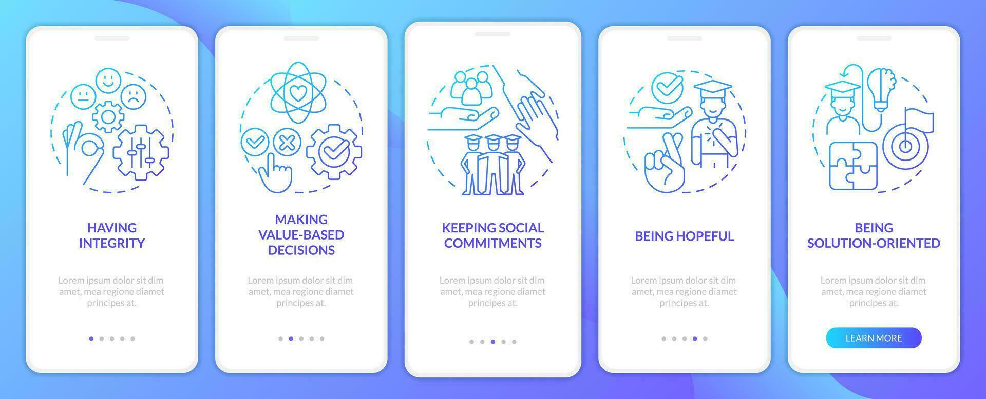 Skills for students blue gradient onboarding mobile app screen. Education walkthrough 5 steps graphic instructions with linear concepts. UI, UX, GUI template vector