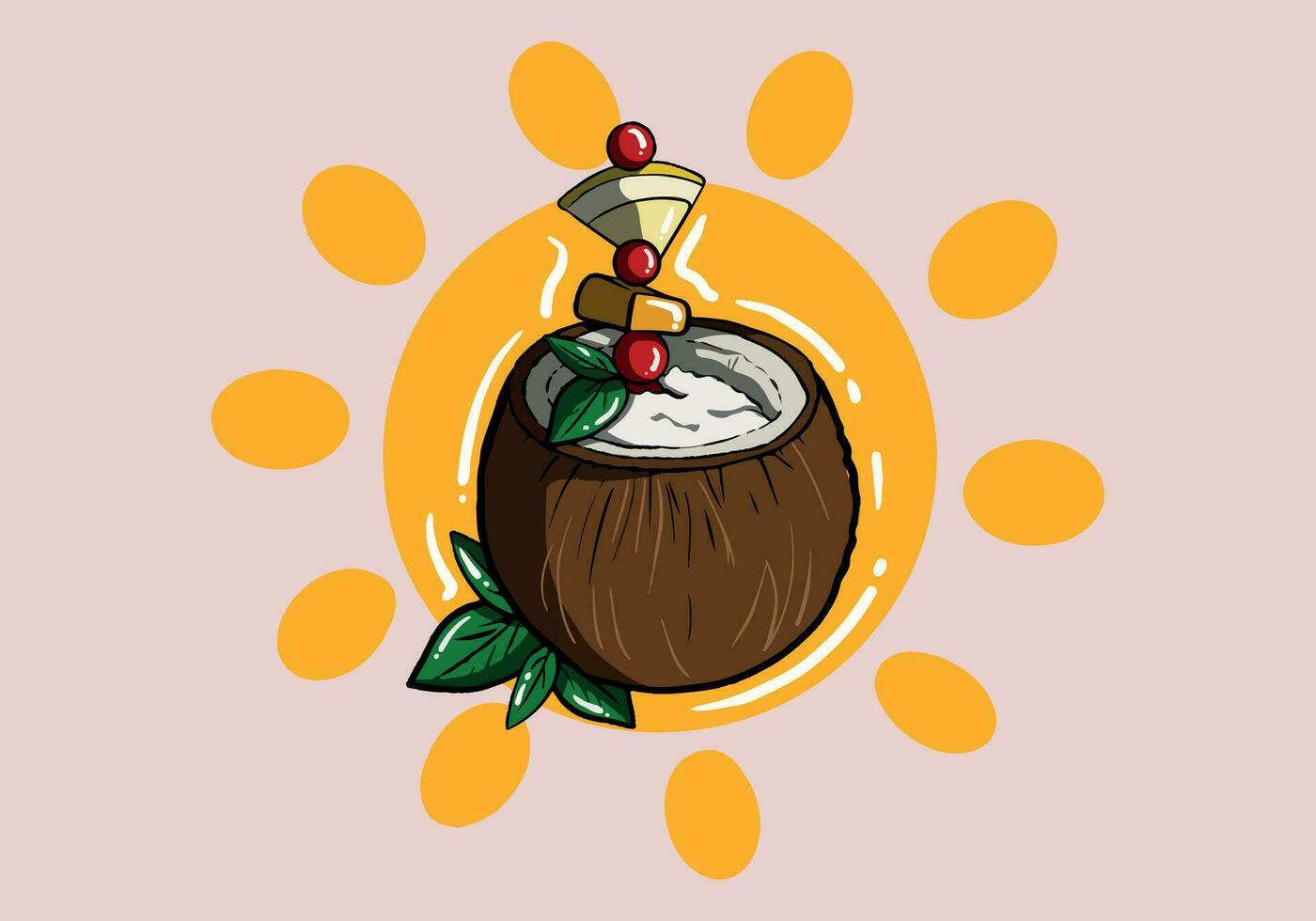 Exotic coconut cocktail with levas, cherry, mango and lemon, tropical fruit cocktail isolated on background. Vector illustration
