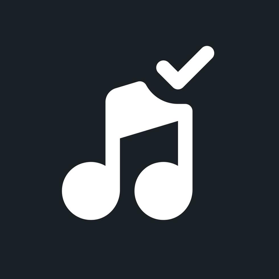 Confirmed music white pixel perfect solid ui icon. Add song to video. Approved audio track. Silhouette symbol for dark mode. Glyph pictogram on black space for web, mobile. Vector isolated image