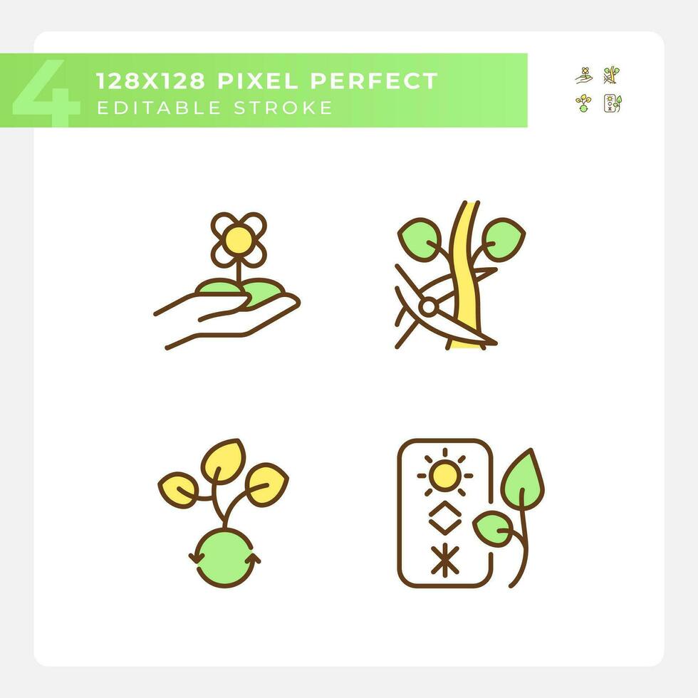 Horticulture green RGB color icons set. Flower farming. Floriculture industry. Ornamental gardening. Isolated vector illustrations. Simple filled line drawings collection. Editable stroke