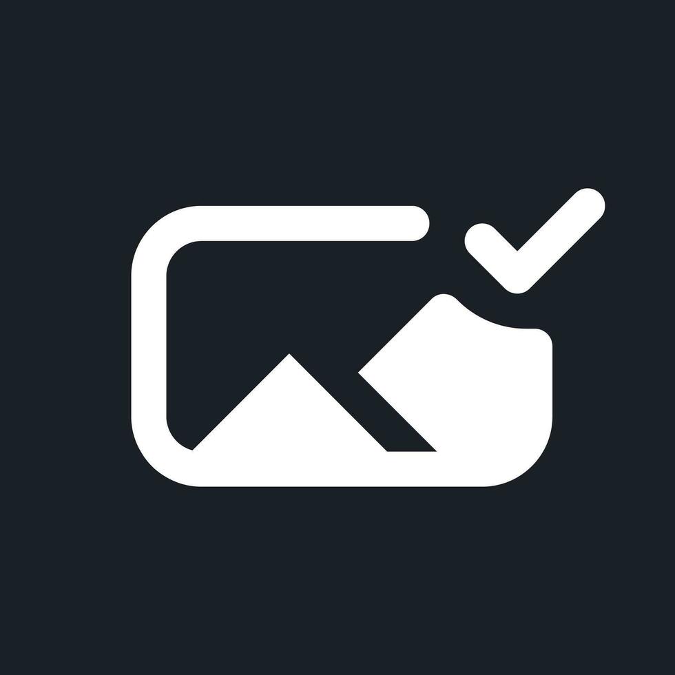 Applied photo file white pixel perfect solid ui icon. Editing application. Approved image. Silhouette symbol for dark mode. Glyph pictogram on black space for web, mobile. Vector isolated image