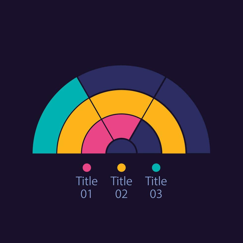Semicircle infographic chart design template for dark theme. Three options. Show proportions. Editable half circle infochart. Visual data presentation vector