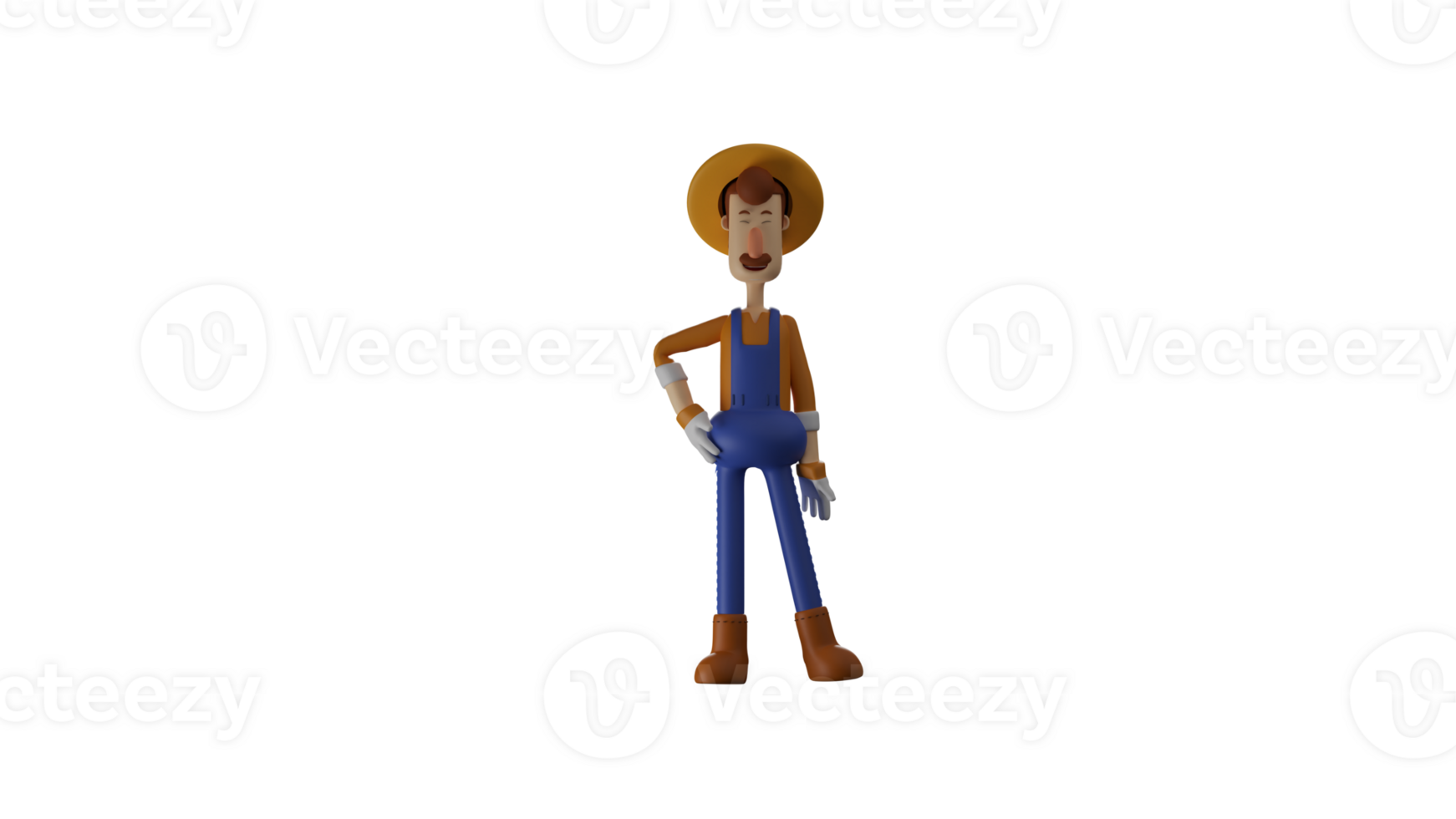 3D Illustration. Handsome Farmer 3D Cartoon Character. Farmer use a wide hat. Farmer put one hand on his waist and smiled sweetly. 3D cartoon character png