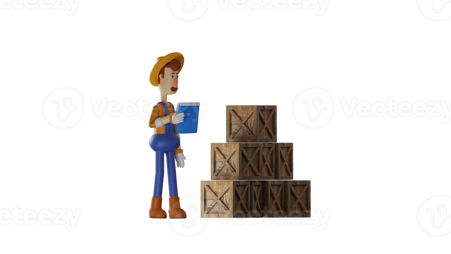 3D illustration. Smart Farmer 3D cartoon character. The farmer is checking the wooden box in his warehouse. The farmer checked according to the notebook he was carrying. 3D cartoon character png