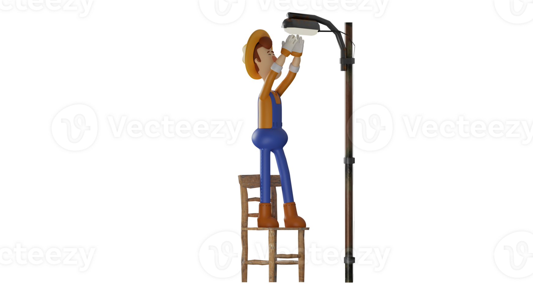 3D illustration. Handy Farmer 3D cartoon character. The farmer is repairing his street lamp. The farmer fixed the lamp by climbing a wooden chair. 3D cartoon character png