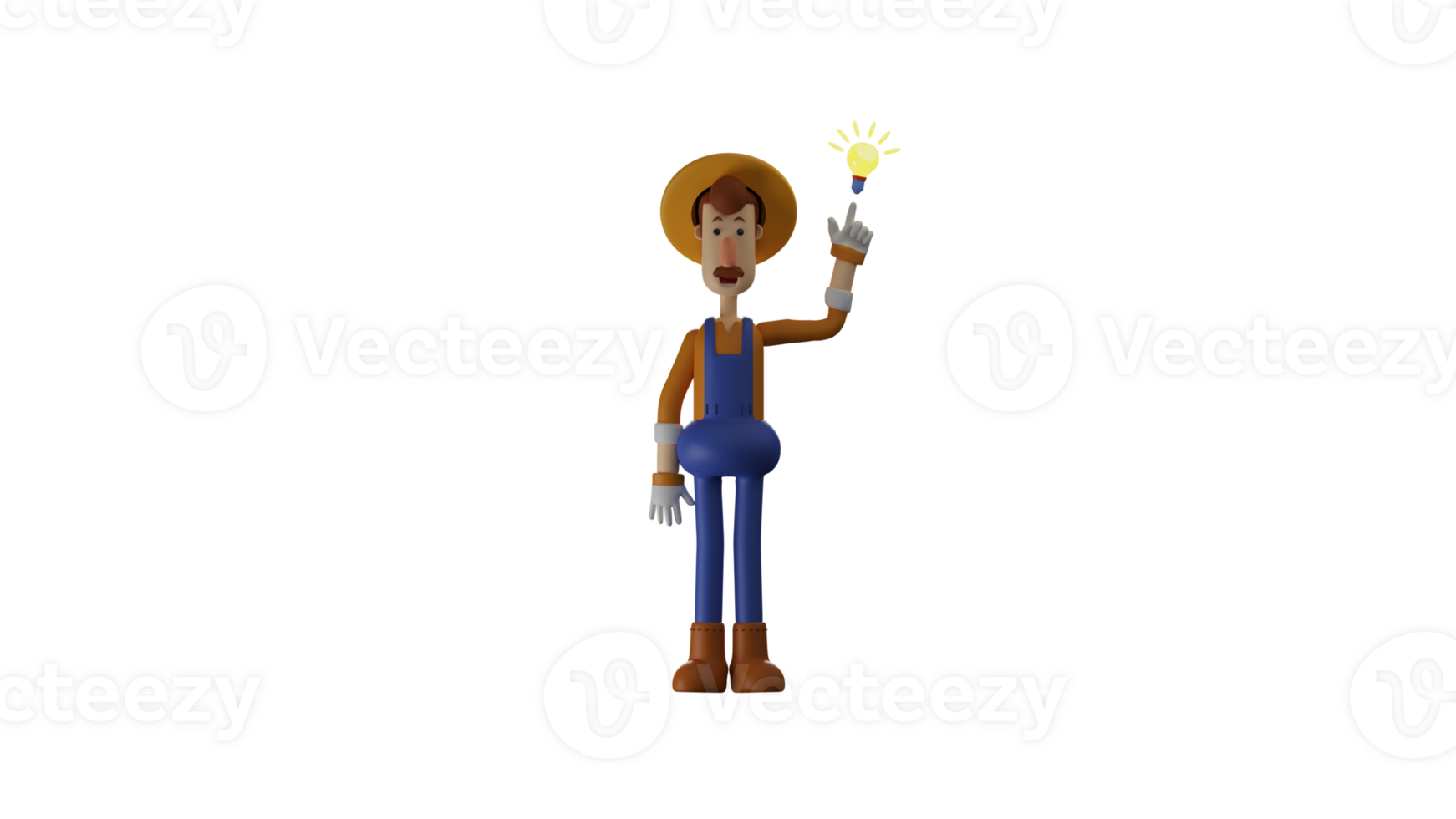 3D illustration. Amazing Farmer 3D cartoon character. The smart farmer came up with an idea. The farmer pointed up where there was a light bulb on. 3D cartoon character png