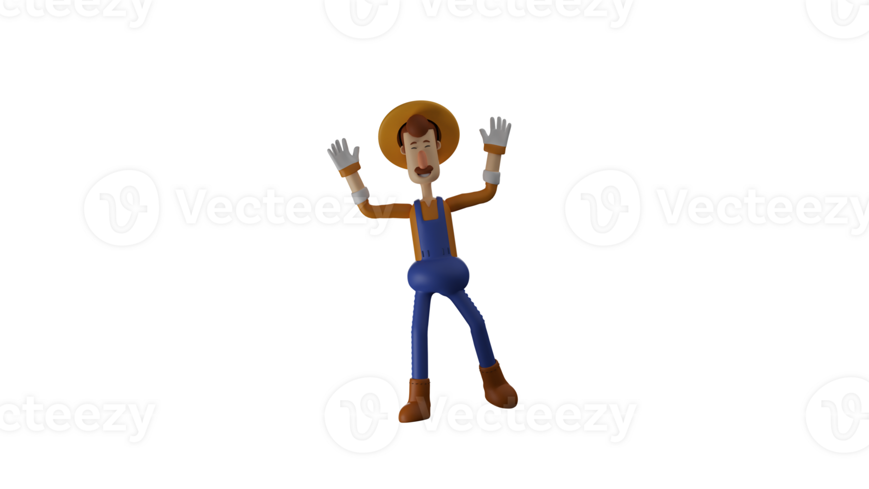 3D illustration. Cute Farmer 3D cartoon character. The farmer stood up and raised his hands up. Peasant in funny pose. Farmer smiles and looks happy. 3D cartoon character png