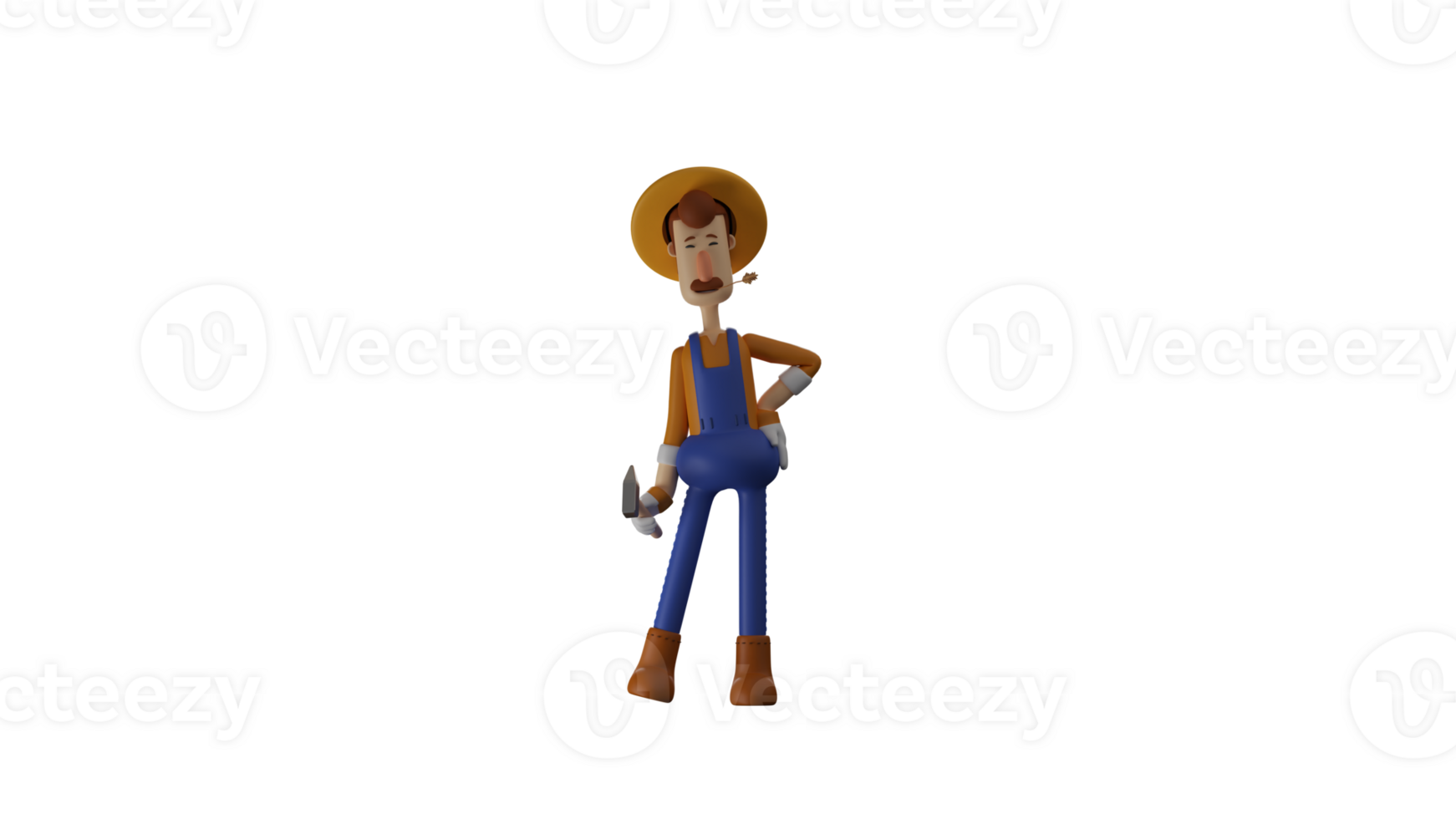 3D illustration. Cool Farmer 3D cartoon character. The farmer stood up and put one hand on his waist. Farmer carry hammer and show cool expressions and poses. 3D cartoon character png
