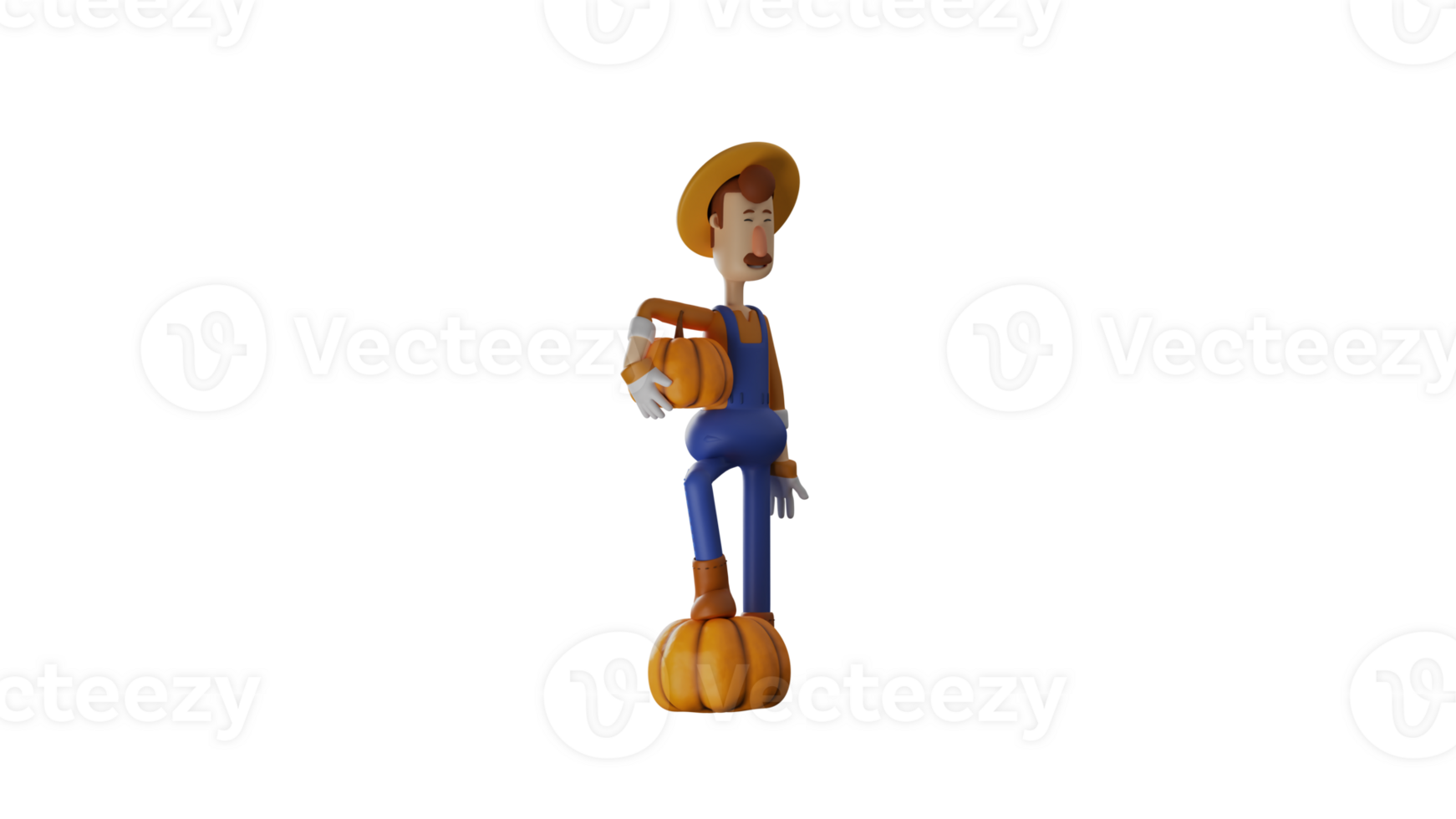 3D Illustration. Cool Farmer 3D Cartoon Character. Farmer stand on one foot on a pumpkin. Farmer carry a big pumpkin with one hand. Farmer smiled at his crops. 3D cartoon character png