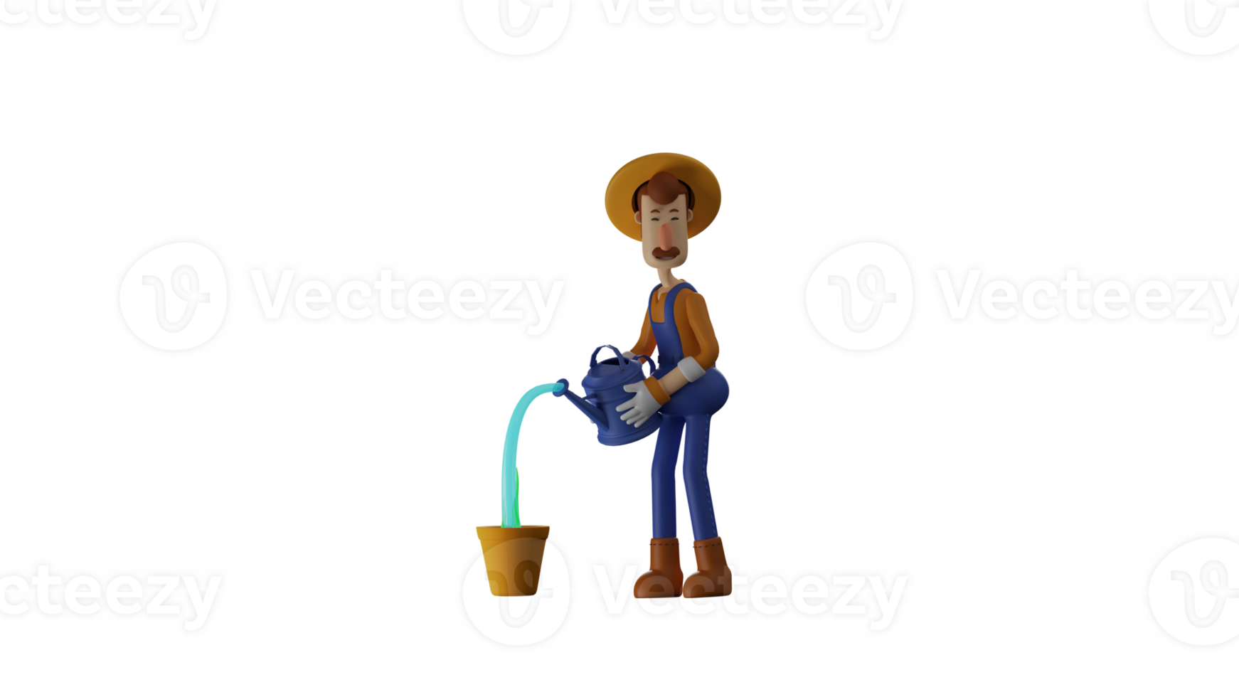 3D illustration. Farmer 3D cartoon character. Farmer is watering the plants in the pot. Farmer water the plants using a blue water spray. Farmer with painstaking care of his crop. 3D cartoon character png