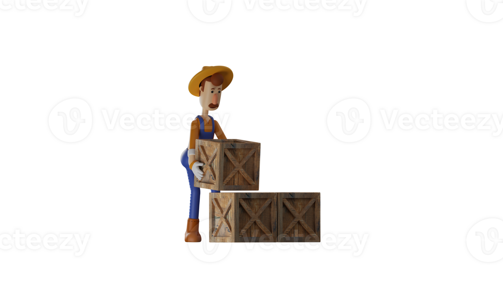 3D illustration. Diligent Farmer 3D cartoon character. Farmer is assembling wooden boxes in his barn. Farmer work full day and look miserable. 3D cartoon character png
