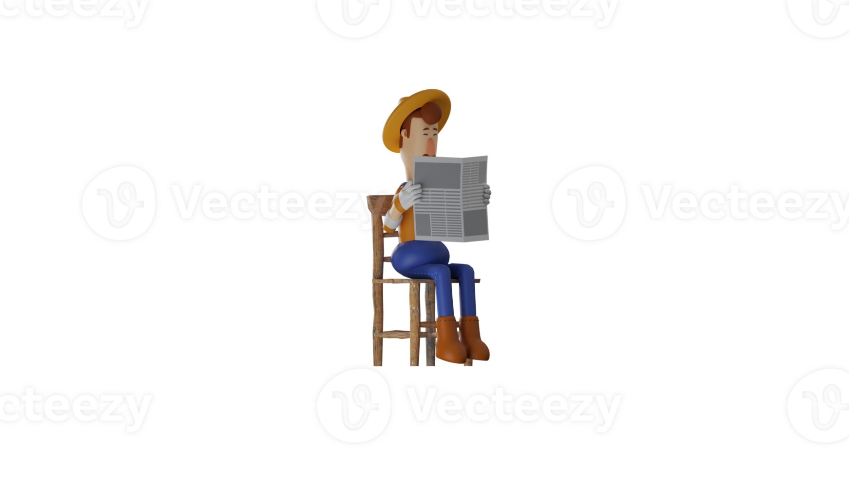 3D Illustration. Relaxed Farmer 3D cartoon character. Farmer sit on a wooden chair while reading the newspaper. Farmer spend his rest time relaxed. 3D cartoon character png